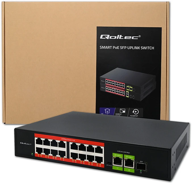 Šakotuvas „Qoltec SWITCH“ greito Ethernet „PoE“ tinklo komutatorius | 16x RJ45 10/100 Mb/s | 2x RJ45 Uplink 1000 Mb/s | 1x SFP 1000 Mb/s