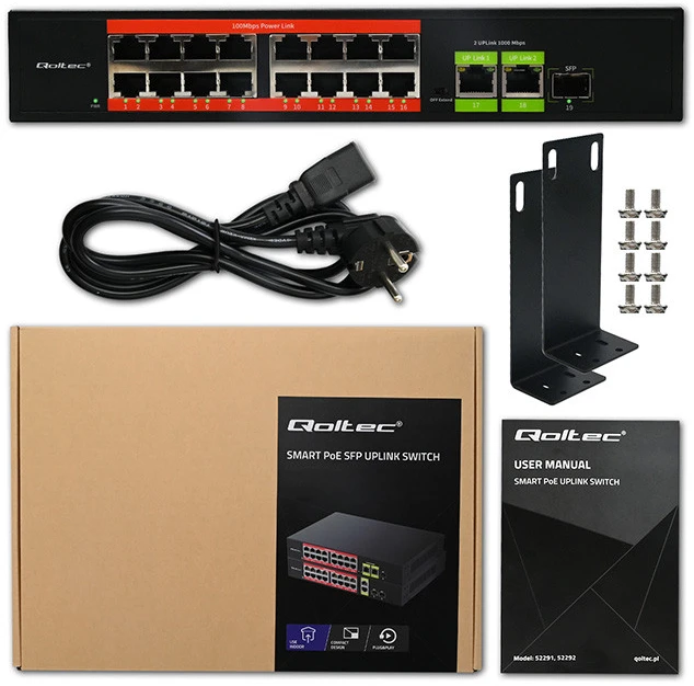 Šakotuvas „Qoltec SWITCH“ greito Ethernet „PoE“ tinklo komutatorius | 16x RJ45 10/100 Mb/s | 2x RJ45 Uplink 1000 Mb/s | 1x SFP 1000 Mb/s