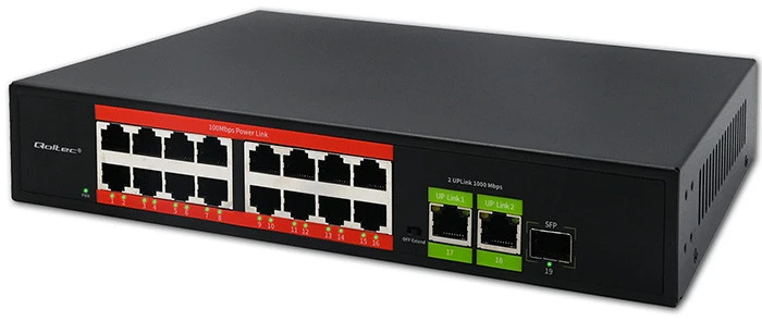 Šakotuvas „Qoltec SWITCH“ greito Ethernet „PoE“ tinklo komutatorius | 16x RJ45 10/100 Mb/s | 2x RJ45 Uplink 1000 Mb/s | 1x SFP 1000 Mb/s