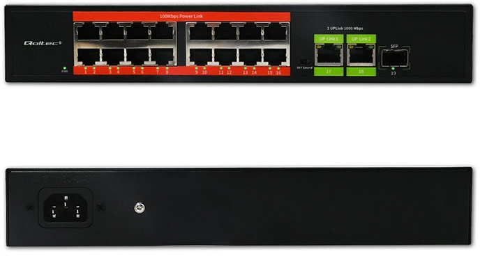 Šakotuvas „Qoltec SWITCH“ greito Ethernet „PoE“ tinklo komutatorius | 16x RJ45 10/100 Mb/s | 2x RJ45 Uplink 1000 Mb/s | 1x SFP 1000 Mb/s