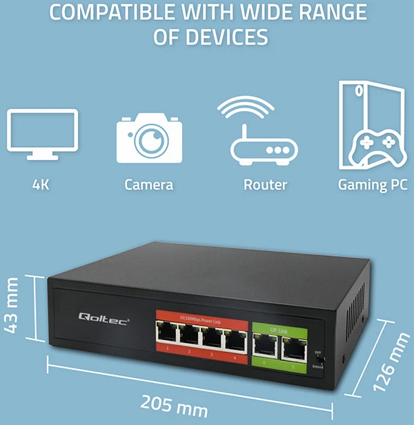 Šakotuvas „Qoltec 52289“ GREITO Ethernet PoE komutatorius | 4x RJ45 PoE | 2x RJ45 Uplink | 65 W | 10/100 Mb/s