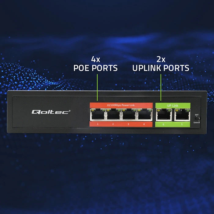 Šakotuvas „Qoltec 52289“ GREITO Ethernet PoE komutatorius | 4x RJ45 PoE | 2x RJ45 Uplink | 65 W | 10/100 Mb/s