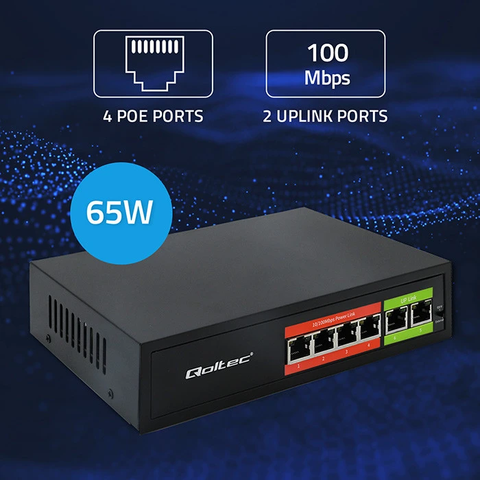 Šakotuvas „Qoltec 52289“ GREITO Ethernet PoE komutatorius | 4x RJ45 PoE | 2x RJ45 Uplink | 65 W | 10/100 Mb/s