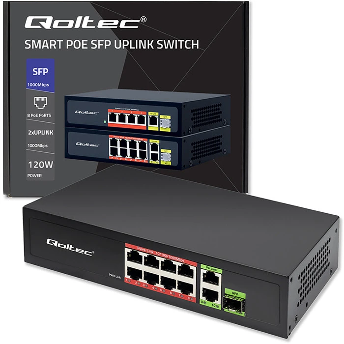 Šakotuvas Qoltec 52297 GREITO Ethernet PoE KOMUTATORIUS 8x RJ45 PoE 2x RJ45 Uplink 1x SFP | 120W | 1000 Mb
