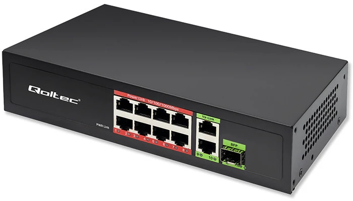 Šakotuvas Qoltec 52297 GREITO Ethernet PoE KOMUTATORIUS 8x RJ45 PoE 2x RJ45 Uplink 1x SFP | 120W | 1000 Mb