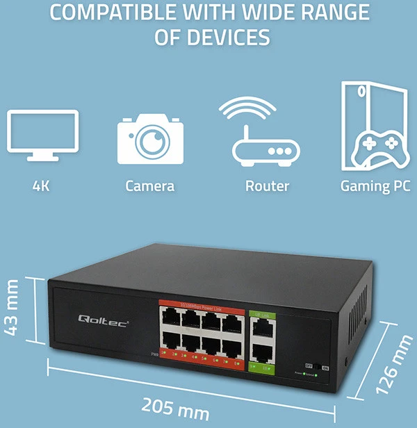 Šakotuvas „Qoltec FAST Ethernet PoE“ komutatorius 8x RJ45 PoE 2x RJ45 Uplink 120W 10/100 Mb/s