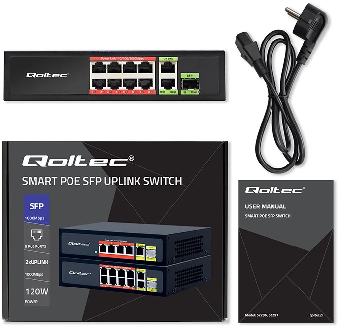 Šakotuvas Qoltec 52297 GREITO Ethernet PoE KOMUTATORIUS 8x RJ45 PoE 2x RJ45 Uplink 1x SFP | 120W | 1000 Mb