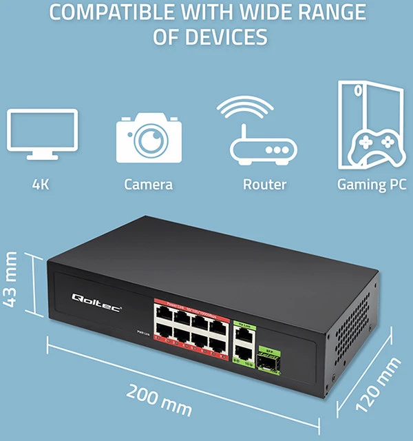 Šakotuvas Qoltec 52297 GREITO Ethernet PoE KOMUTATORIUS 8x RJ45 PoE 2x RJ45 Uplink 1x SFP | 120W | 1000 Mb
