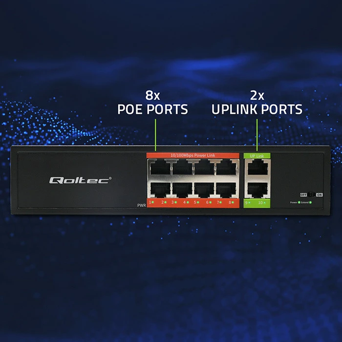 Šakotuvas „Qoltec FAST Ethernet PoE“ komutatorius 8x RJ45 PoE 2x RJ45 Uplink 120W 10/100 Mb/s