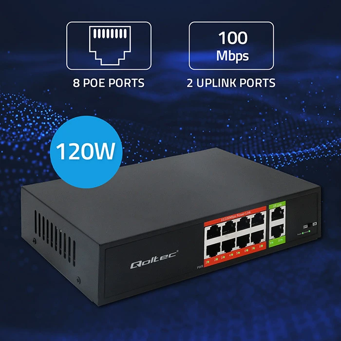 Šakotuvas „Qoltec FAST Ethernet PoE“ komutatorius 8x RJ45 PoE 2x RJ45 Uplink 120W 10/100 Mb/s