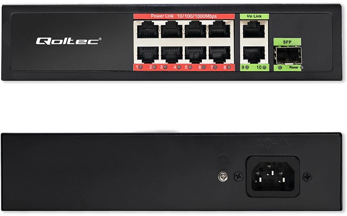 Šakotuvas Qoltec 52297 GREITO Ethernet PoE KOMUTATORIUS 8x RJ45 PoE 2x RJ45 Uplink 1x SFP | 120W | 1000 Mb