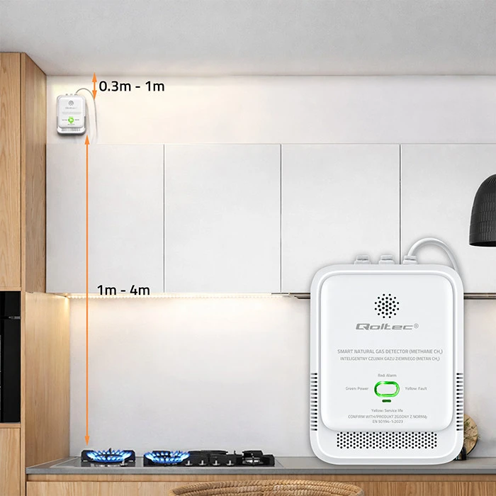 Qoltec gamtinių dujų nuotėkio jutiklis CH4 detektorius 85dB signalas LED