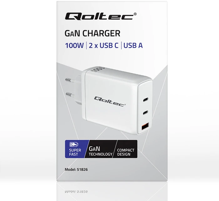 Adapteris Įkroviklis tinklo 100 W gan 5-20 V 15-5 A 2 x usb-c pd 1 usb qc 3.0 baltas Qoltec