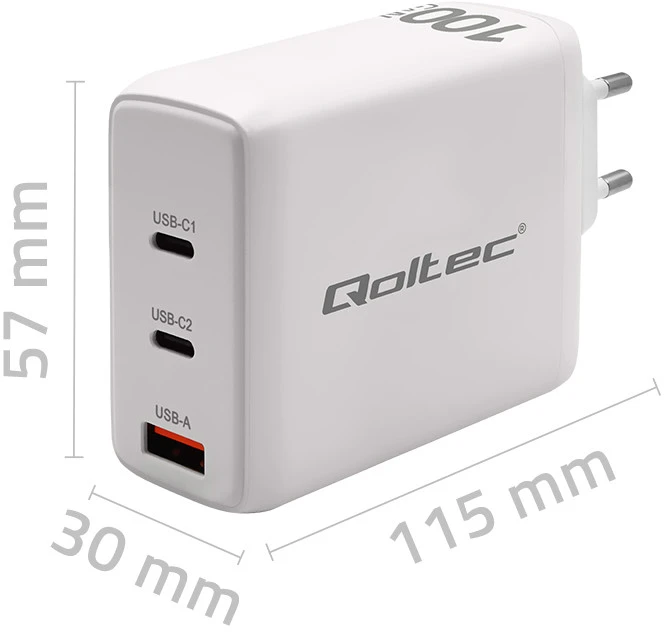 Adapteris Įkroviklis tinklo 100 W gan 5-20 V 15-5 A 2 x usb-c pd 1 usb qc 3.0 baltas Qoltec