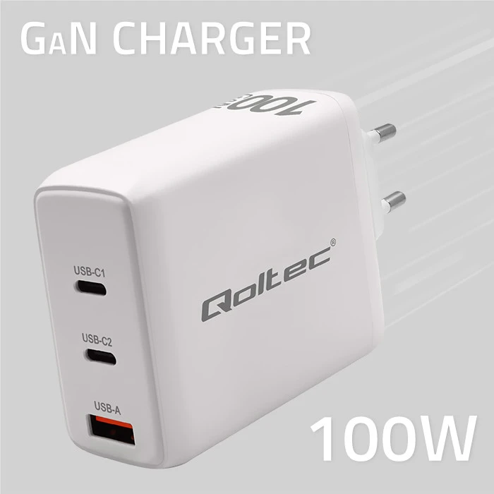 Adapteris Įkroviklis tinklo 100 W gan 5-20 V 15-5 A 2 x usb-c pd 1 usb qc 3.0 baltas Qoltec