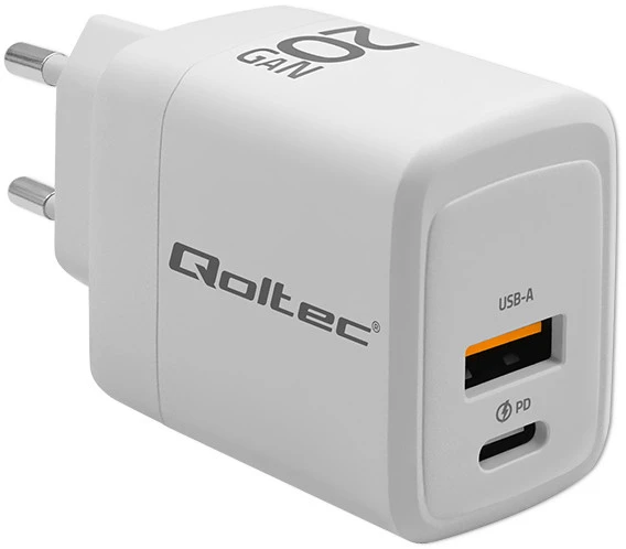 Adapteris Įkroviklis tinklo 20w gan 5-20v 1.5-3a 1 x usb-c pd usb qc 3.0 baltas Qoltec