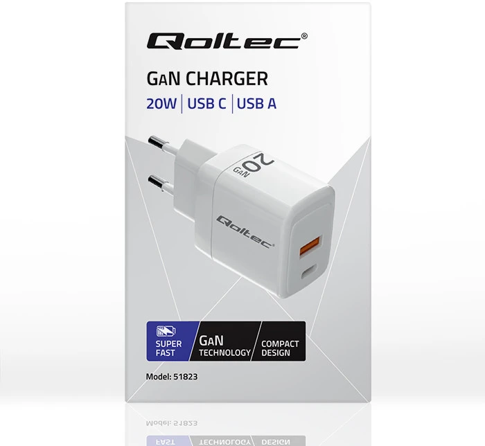 Adapteris Įkroviklis tinklo 20w gan 5-20v 1.5-3a 1 x usb-c pd usb qc 3.0 baltas Qoltec