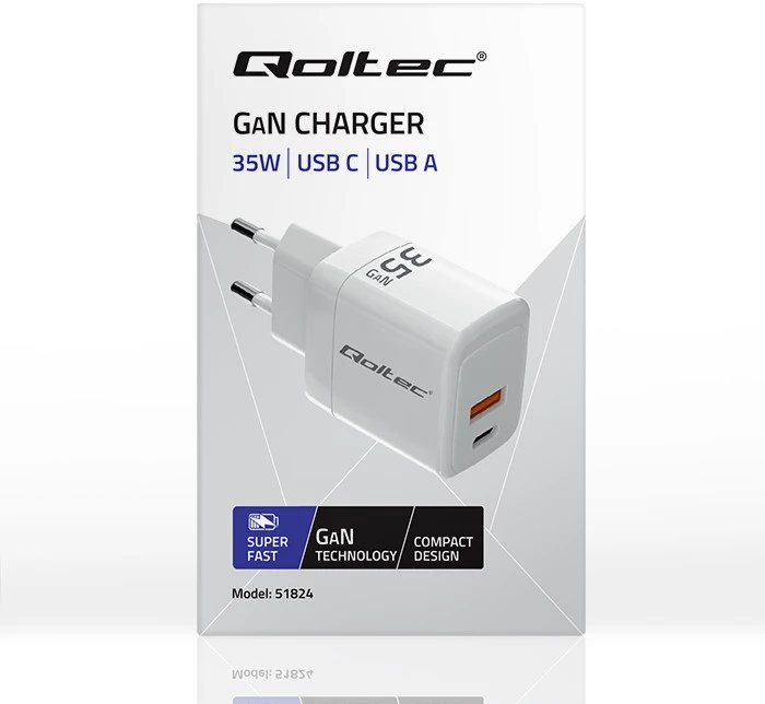 Qoltec 35W GaN| 5-20V | 1.5-3A | 1 x USB-C PD | 1 x USB QC 3.0 | Balta