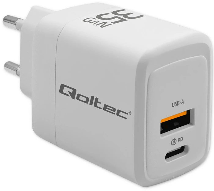Qoltec 35W GaN| 5-20V | 1.5-3A | 1 x USB-C PD | 1 x USB QC 3.0 | Balta