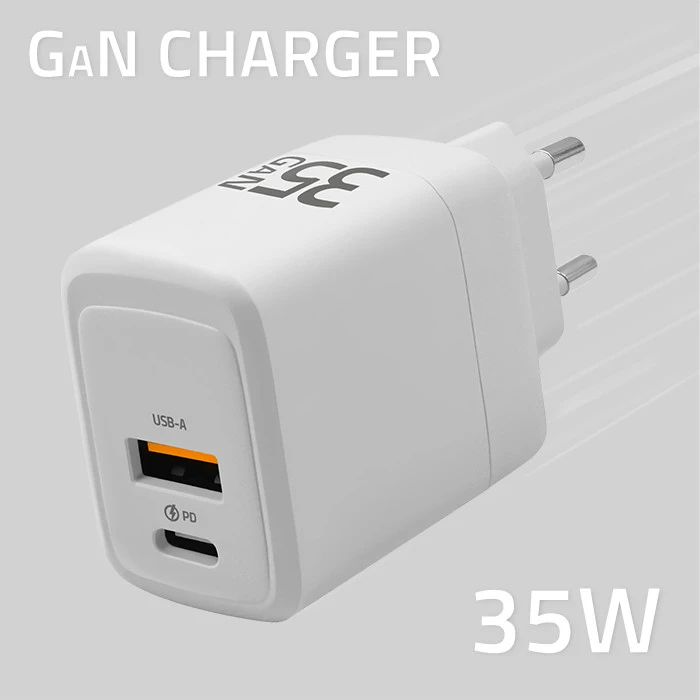 Qoltec 35W GaN| 5-20V | 1.5-3A | 1 x USB-C PD | 1 x USB QC 3.0 | Balta