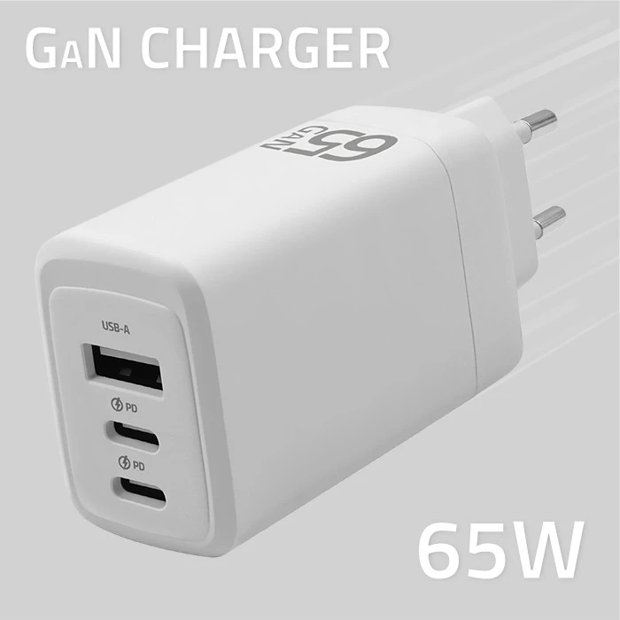 Adapteris Įkroviklis tinklo 65w gan 5-20v 3-3.35a 2 x usb-c pd 1 usb qc 3.0 baltas Qoltec