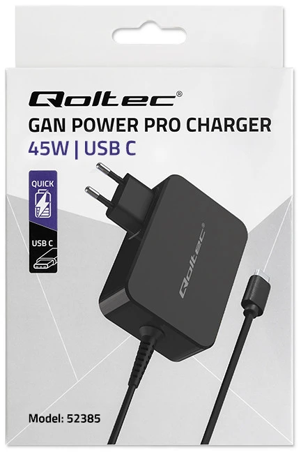 Išorinis Įkroviklis - Qoltec 52385 GaN POWER PRO - 1xUSB-C - 45W Juoda