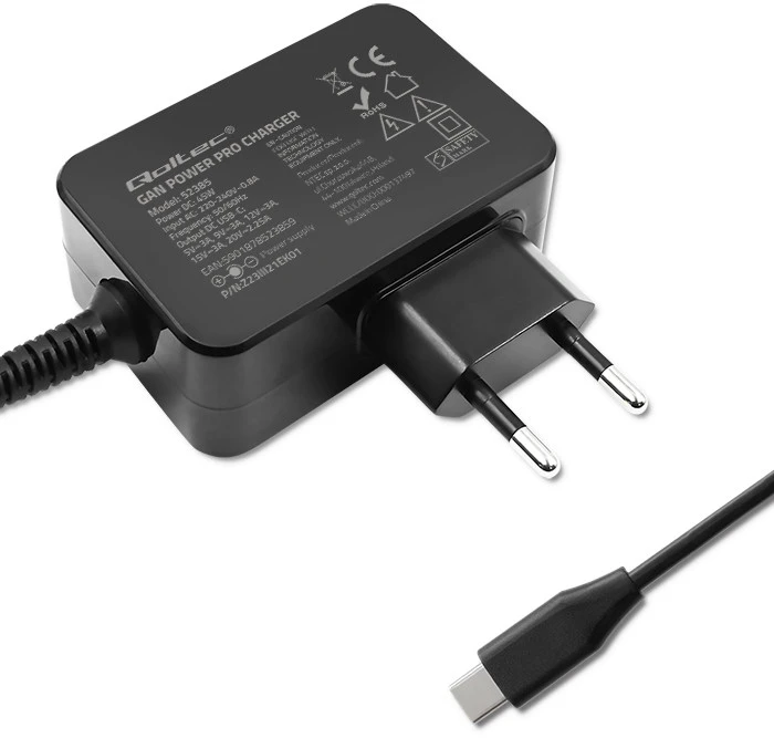 Išorinis Įkroviklis - Qoltec 52385 GaN POWER PRO - 1xUSB-C - 45W Juoda