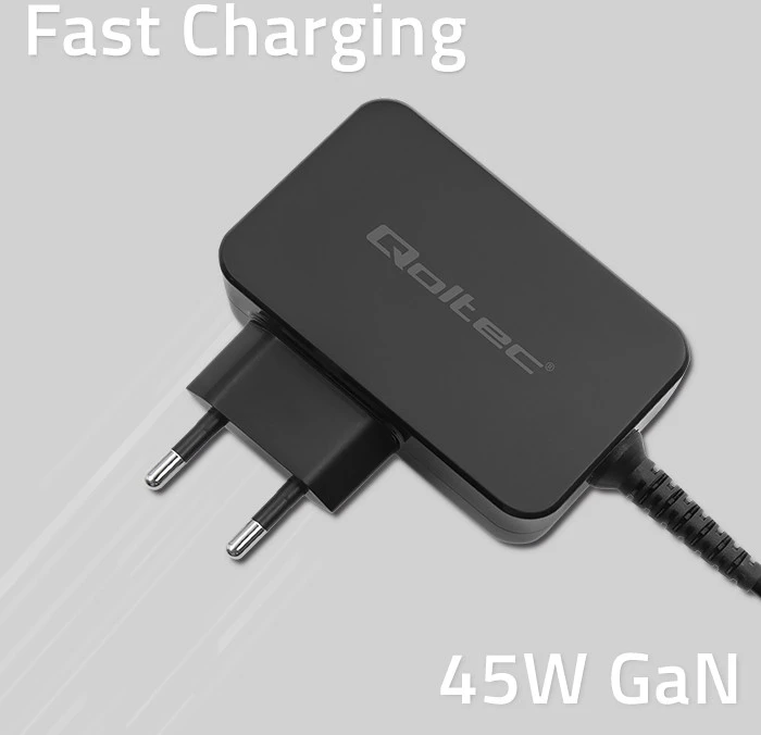 Išorinis Įkroviklis - Qoltec 52385 GaN POWER PRO - 1xUSB-C - 45W Juoda