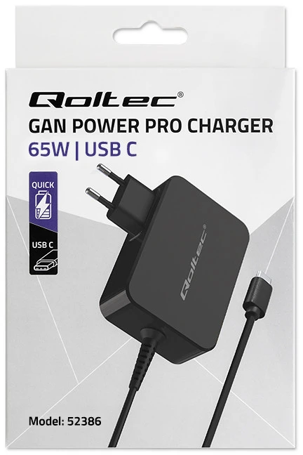 Įkroviklis - Qoltec 52386 GaN POWER PRO | 1xUSB-C | 65W | 5-20V | 3-3.25A | Juodas