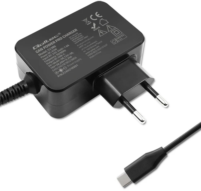 Įkroviklis - Qoltec 52386 GaN POWER PRO | 1xUSB-C | 65W | 5-20V | 3-3.25A | Juodas