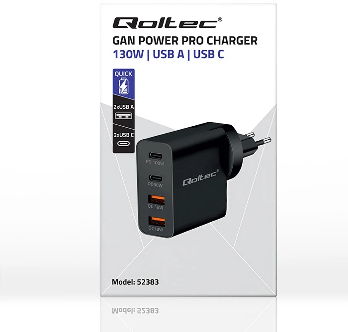 Adapteris Įkroviklis gan power pro 2xusb-c 2xusb 130w 5-20v 1.5-5a pd juodas Qoltec