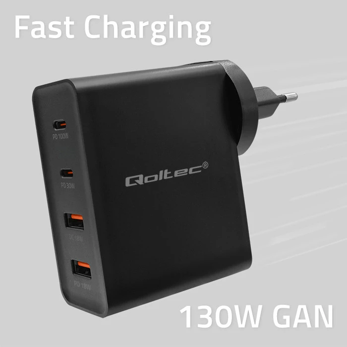 Adapteris Įkroviklis gan power pro 2xusb-c 2xusb 130w 5-20v 1.5-5a pd juodas Qoltec