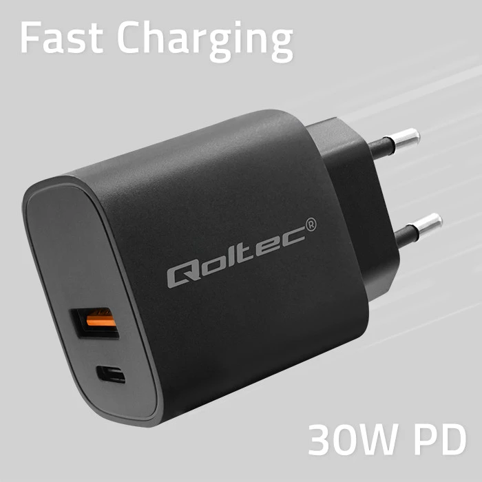 Adapteris Įkroviklis gan power pro 1xusb-c 1xusb 30w 5-20v 1.5-3a juodas Qoltec