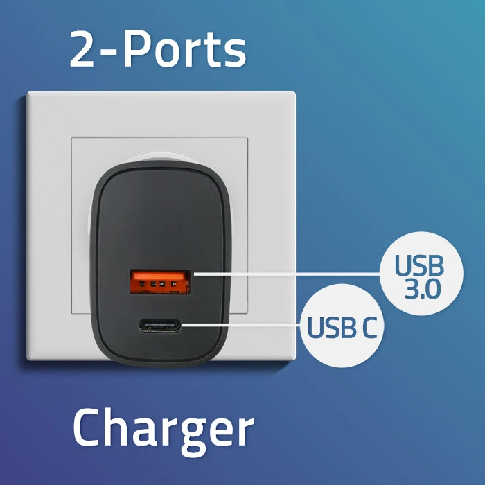 Adapteris Įkroviklis gan power pro 1xusb-c 1xusb 30w 5-20v 1.5-3a juodas Qoltec