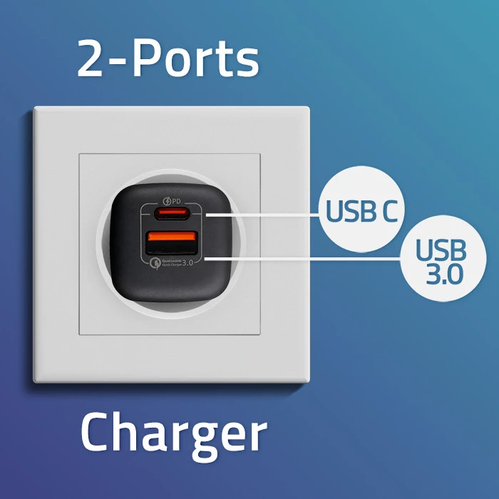 QOLTEC 50764 GaN ULTRA 35W charger / 5-20V / 2.25 3A / 1 x USB type C PD / 1x USB / Juodas