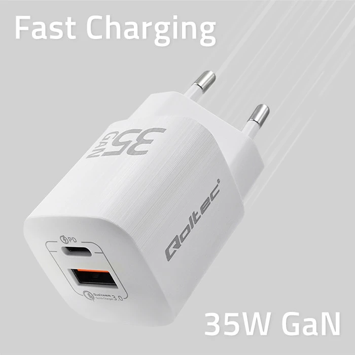 QOLTEC 50763 GaN ULTRA 35W įkroviklis / 5-20V / 2,25 3A / 1 x USB tipo C PD / 1x USB / Baltas