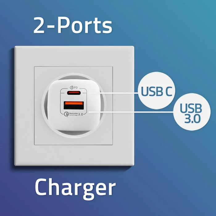 QOLTEC 50763 GaN ULTRA 35W įkroviklis / 5-20V / 2,25 3A / 1 x USB tipo C PD / 1x USB / Baltas