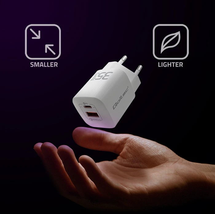 QOLTEC 50763 GaN ULTRA 35W įkroviklis / 5-20V / 2,25 3A / 1 x USB tipo C PD / 1x USB / Baltas