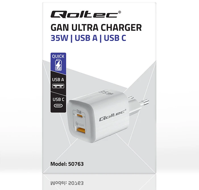 QOLTEC 50763 GaN ULTRA 35W įkroviklis / 5-20V / 2,25 3A / 1 x USB tipo C PD / 1x USB / Baltas
