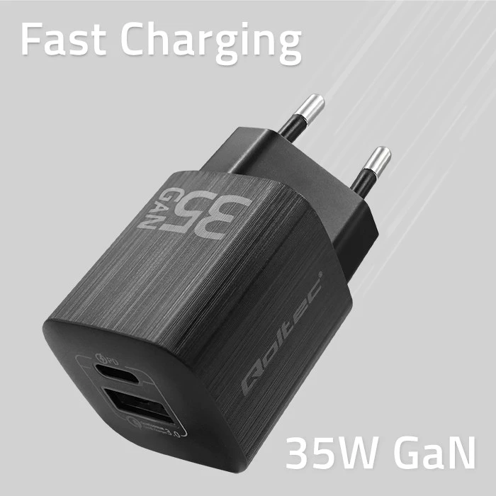 QOLTEC 50764 GaN ULTRA 35W charger / 5-20V / 2.25 3A / 1 x USB type C PD / 1x USB / Juodas