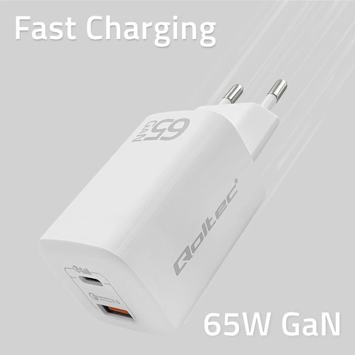 QOLTEC 50765 GaN ULTRA 65w įkroviklis / 5-20V / 2,25 3,25A / 1 x USB tipo C PD / 1x USB / Baltas
