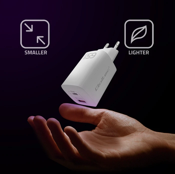QOLTEC 50765 GaN ULTRA 65w įkroviklis / 5-20V / 2,25 3,25A / 1 x USB tipo C PD / 1x USB / Baltas