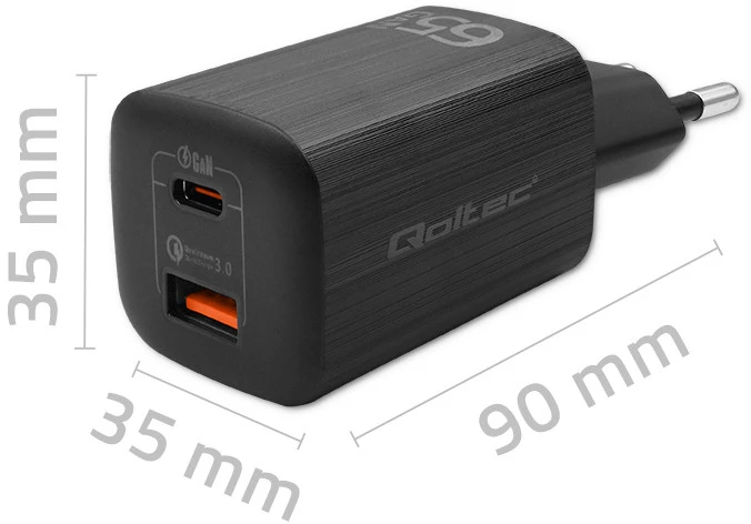 QOLTEC 50766 GaN ULTRA 65W charger / 5-20V / 2.25 3.25A / 1 x USB type C PD / 1x USB / Juodas