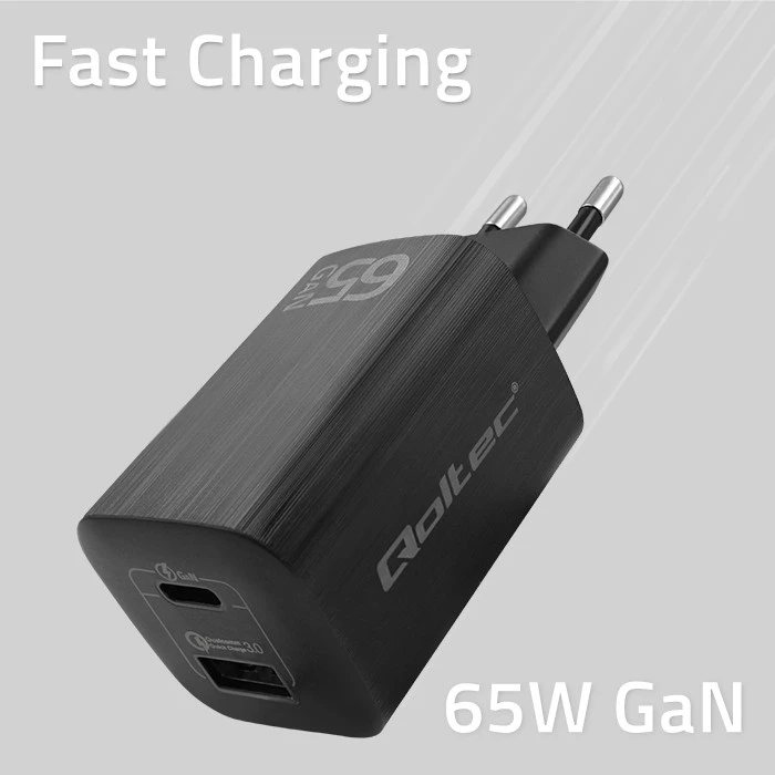 QOLTEC 50766 GaN ULTRA 65W charger / 5-20V / 2.25 3.25A / 1 x USB type C PD / 1x USB / Juodas