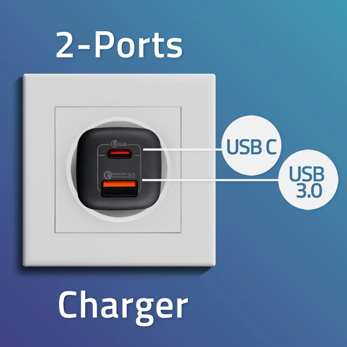 QOLTEC 50766 GaN ULTRA 65W charger / 5-20V / 2.25 3.25A / 1 x USB type C PD / 1x USB / Juodas