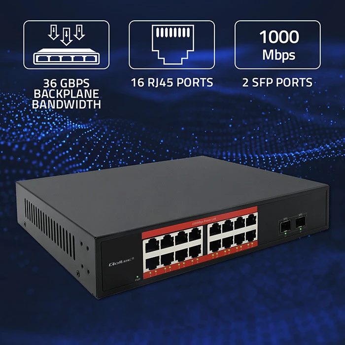 Šakotuvas „Qoltec“ tinklo komutatorius SWITCH gigabito eternetas | 16x RJ45 | 2x SFP | 1000 Mb/s