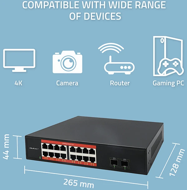 Šakotuvas „Qoltec“ tinklo komutatorius SWITCH gigabito eternetas | 16x RJ45 | 2x SFP | 1000 Mb/s