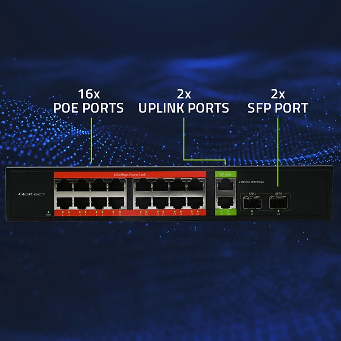 Šakotuvas Qoltec 52292 gigabito Ethernet PoE komutatorius | 16x RJ45 | 2x RJ45 Uplink | 2x SFP | 1000 Mb/s