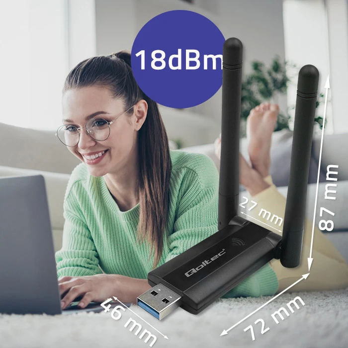 Qoltec 56987 Adapteris USB DUAL Wi-Fi su antena 2 x 2dBi | Standartinė kintamoji srovė | USB 3.0 | 1200 Mbps