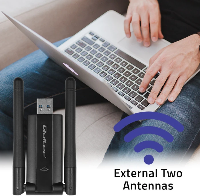 Qoltec 56987 Adapteris USB DUAL Wi-Fi su antena 2 x 2dBi | Standartinė kintamoji srovė | USB 3.0 | 1200 Mbps